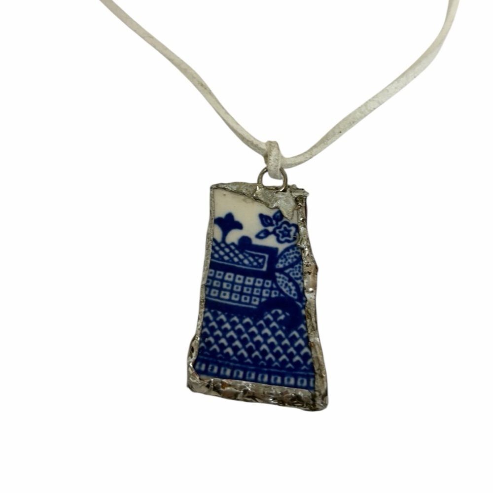 Blue Willow Broken China Pendant Necklace White Cord Upcycled Vintage